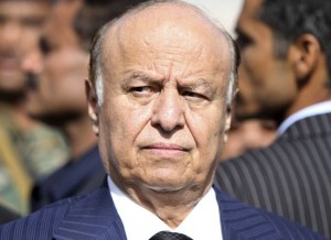 Yemeni President Abed Rabbo Mansour Hadi looks on during a funeral service for Major General Salem Ali Qatan, the commander of military forces in the south of Yemen