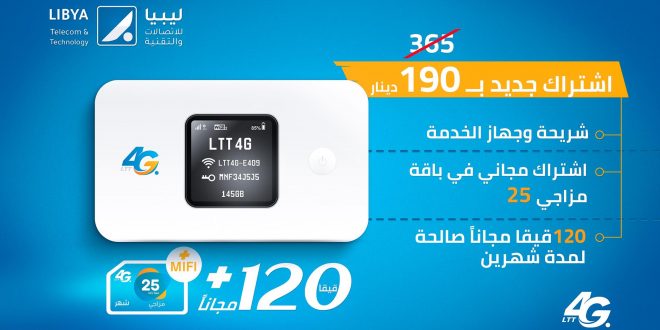 ليبيا للاتصالات والتقنية تعلن تخفيض سعر الاشتراك في خدمة الإنترنت “4G”